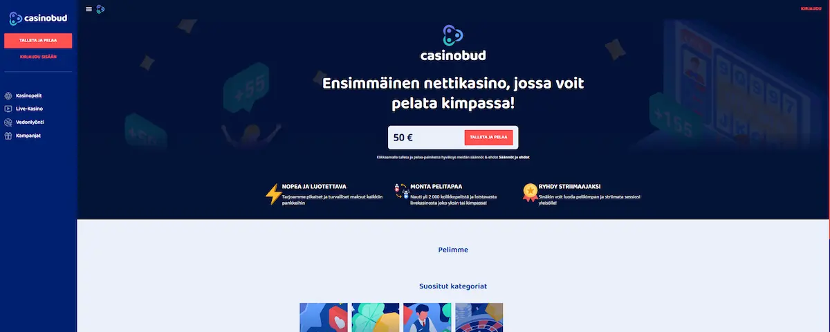 Casinobud Casinon peliaula, jossa suositut pelit, mahdollisuus talletukseen ja tietoa kasinolla pelaamisesta.