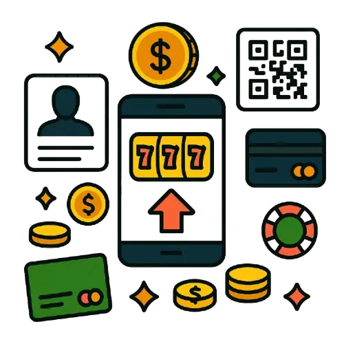 Symboleita, jotka kuvastavat kasinoita ilman pankkitunnuksia. Puhelin, pankkikortit, QR koodi ja kolikko