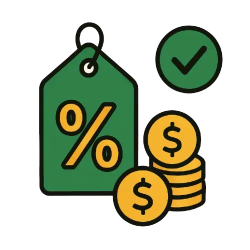 Alennuskuponki, kolikkopino ja pyöreä hyväksyntämerkki