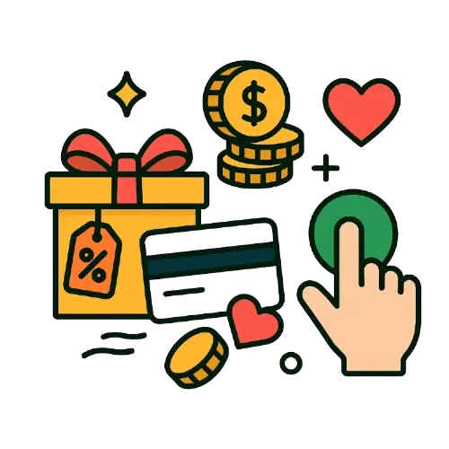 Symboleita, jotka kuvaavat kierrätysvapaita bonuksia kuten lahjapaketti, luottokortti, kolikkopinot ja sydän