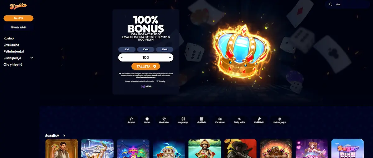 Kunkku Casinon peliaula, jossa näkyy mahdollisuus talletukseen, parhaat kolikkopelit ja tietoa tervetulobonuksesta