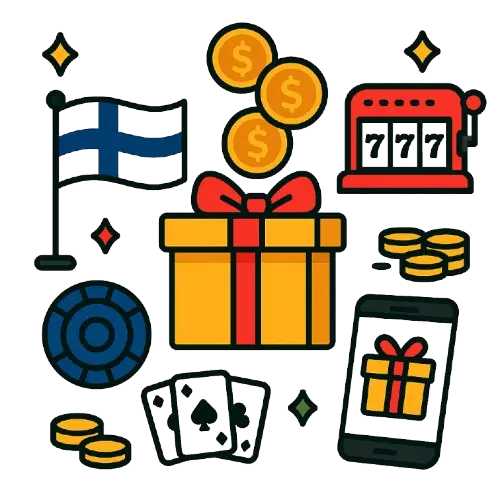 Symboleita, jotka kuvaavat suomalaisia nettikasinoita. Kolikkopeli, suomenlippu, puhelin, lahjapaketti ja rulettipyörä