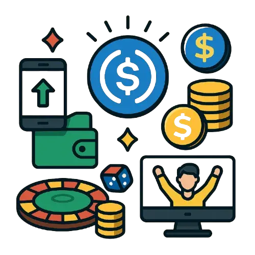 USDC kasinot ja sitä kuvaavia symboleita kuten tuulettava pelaaja ruudulla, rulettipyörä ja lompakko sekä kolikot