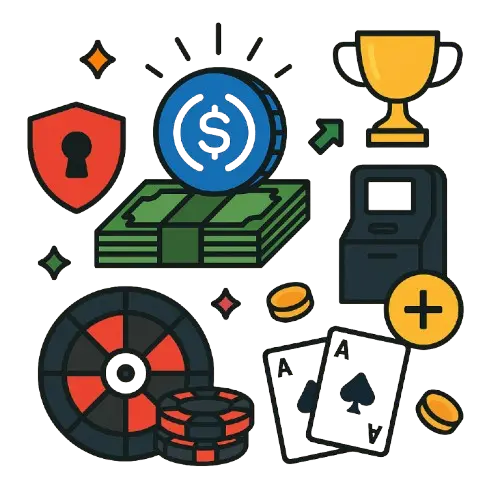 USD Coin kasinot ja symboleita sivustolla pelaamiseen kuten pokaali, ruletti ja pelikortit
